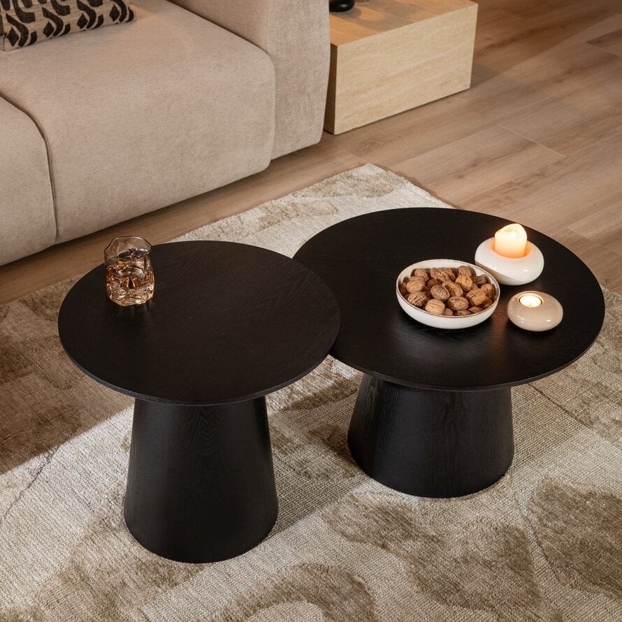 Eiken Salontafel Rond – Set van 2 – Zwart